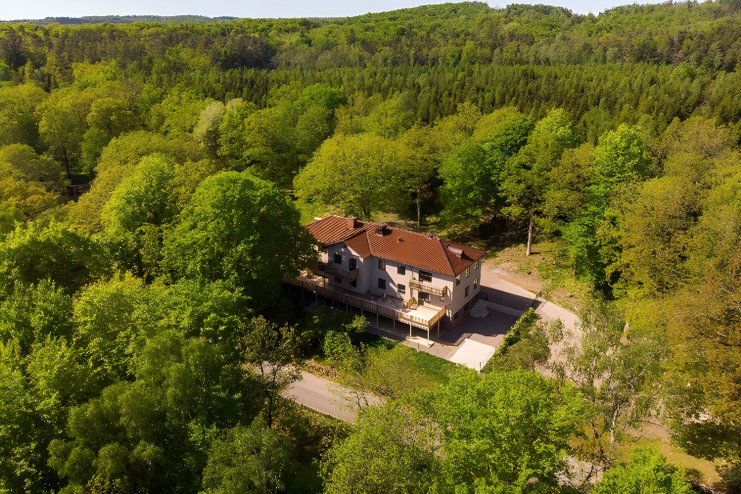 Vy över villa Bergerska med skog runt om